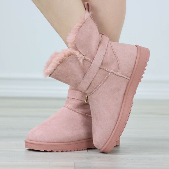 Womens Warm Fuzzy Ankle Booties Super Cozy Fully Lined Faux Pink Suede Pocket - Picture 6 of 14